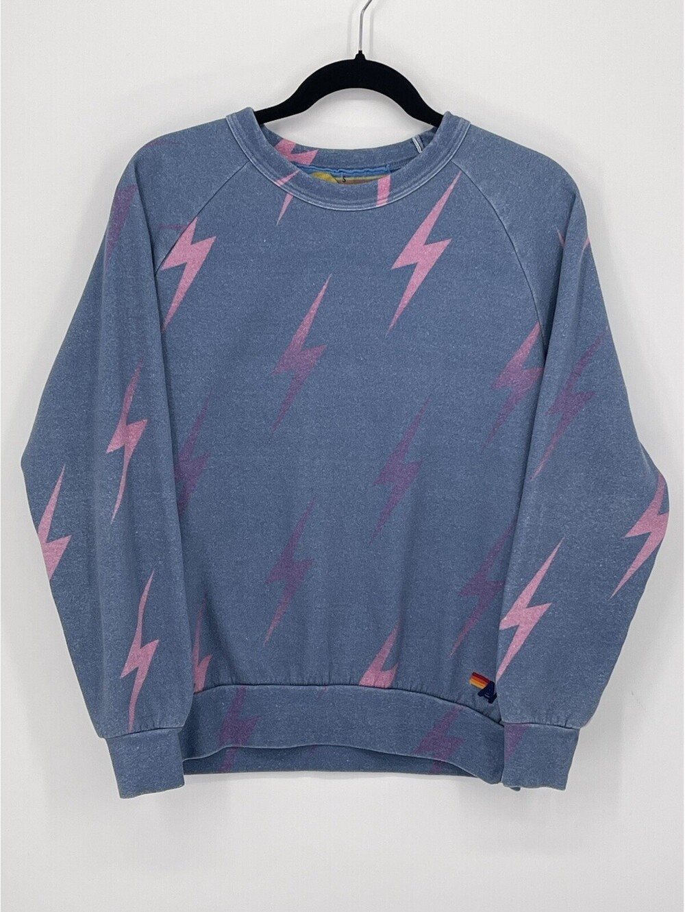 Aviator Nation S Lightning Bolt Crewneck Sweatshirt Blue Pink Made USA